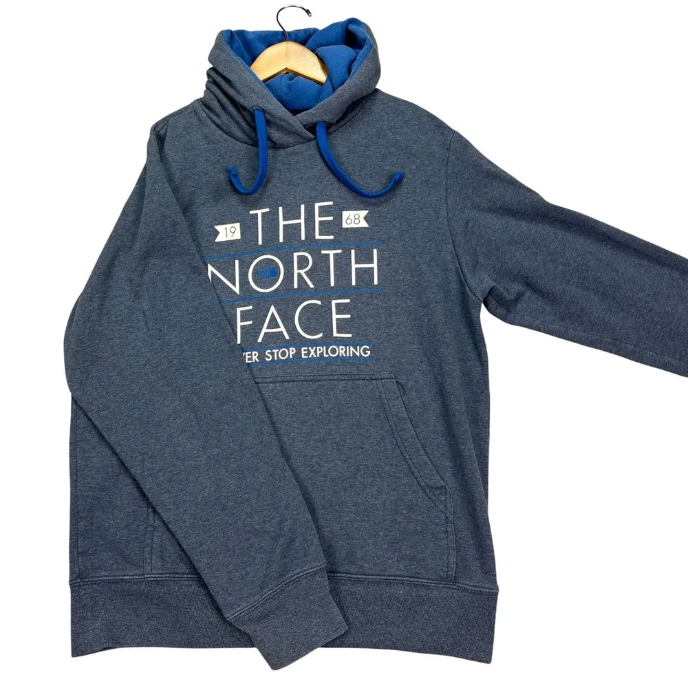 The North Face Hoodie Men Medium Navy Blue Heathered Long Sleeve Pullover Fleece